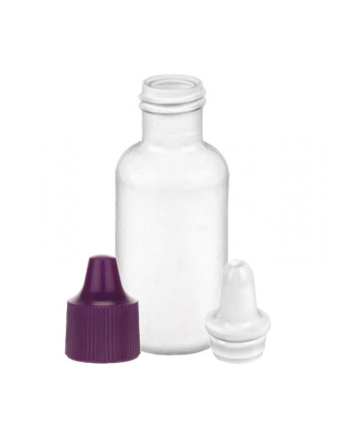 .5 oz. (1/2 oz) White 15-415 Boston Round LDPE (15 cc) Plastic Squeezable Bottle-White Uncontrolled Dropper Plug .040 Orif -Purple Cap